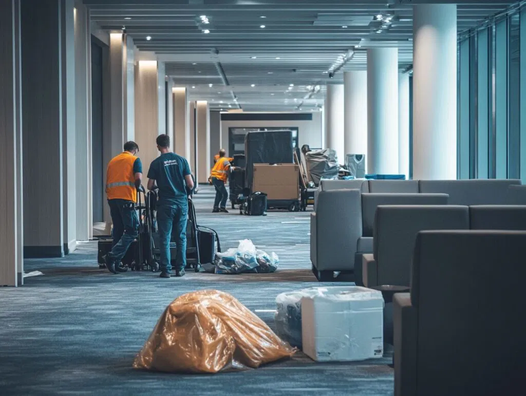 A professional crew clearing a large-scale venue after a corporate event in London