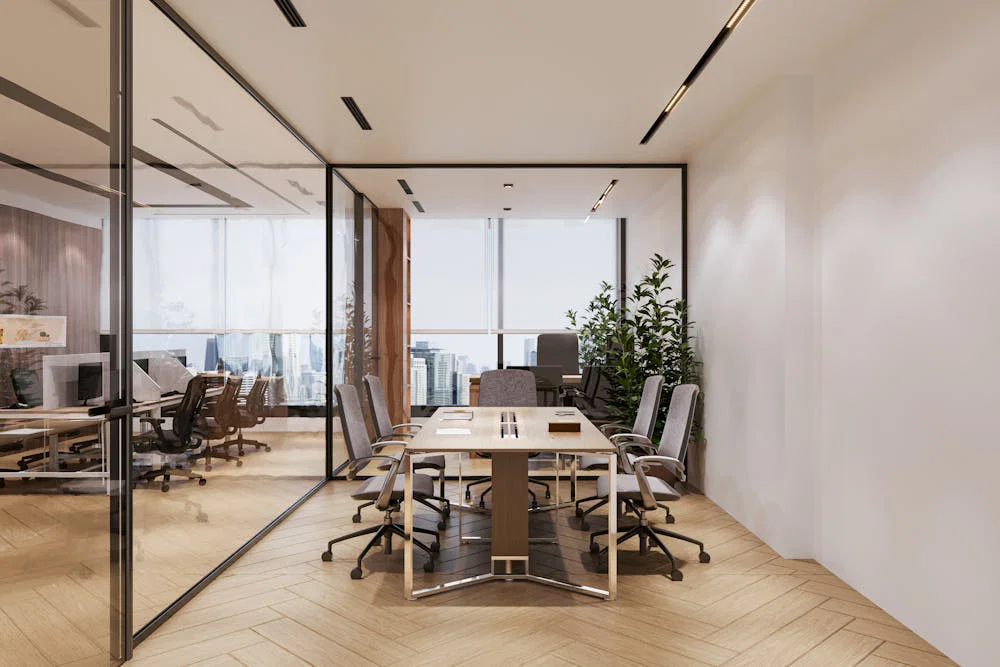 A modern conference room in a London corporate building