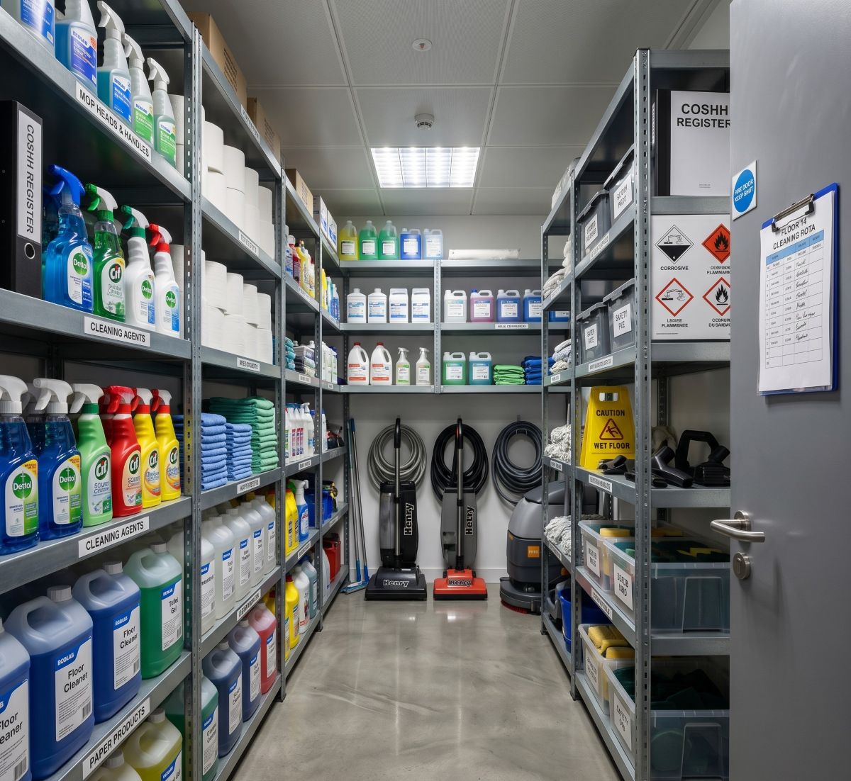 a corporate cleaning supply storage room inside a modern London office building